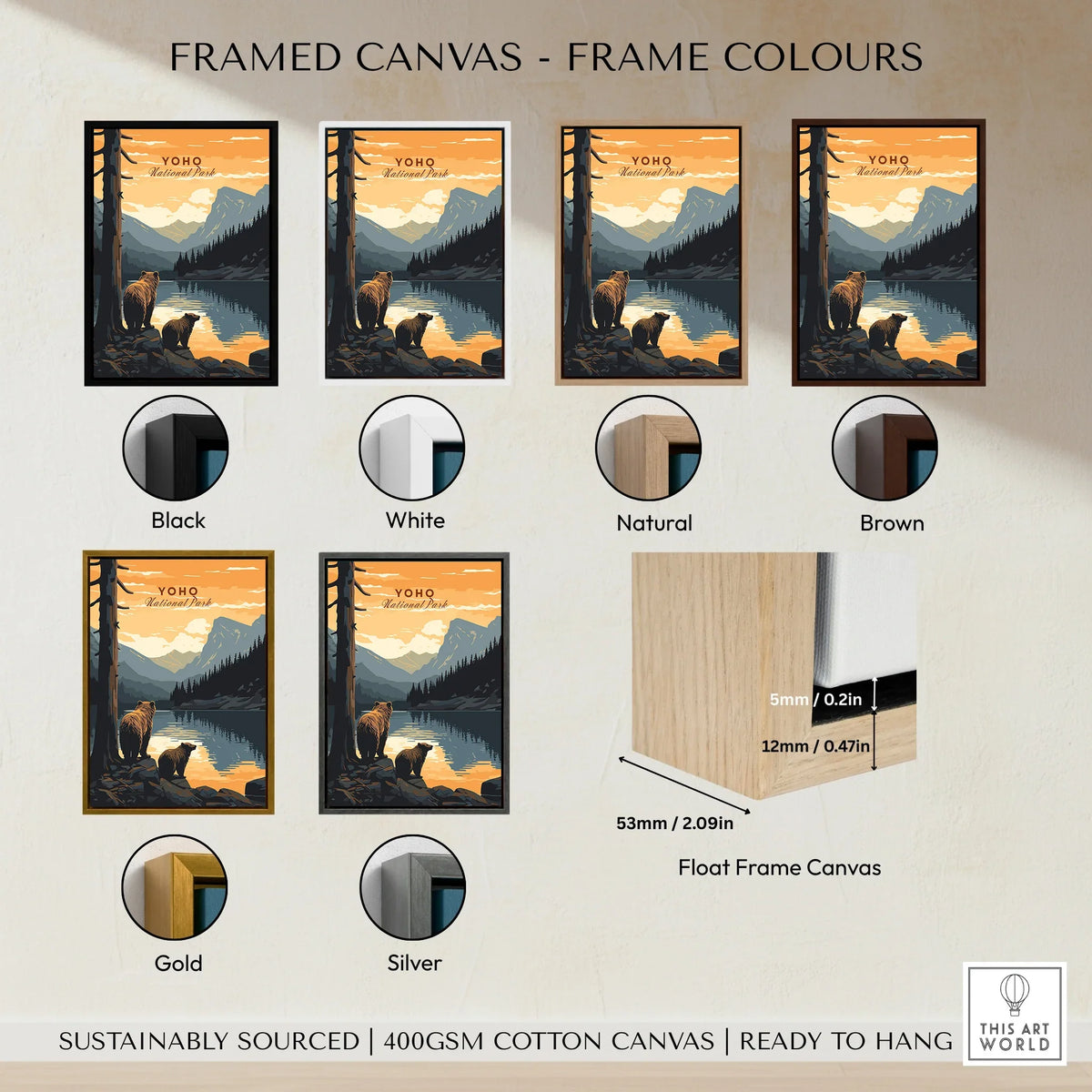 Yoho National Park poster with bears and mountain lake, shown in six frame color options