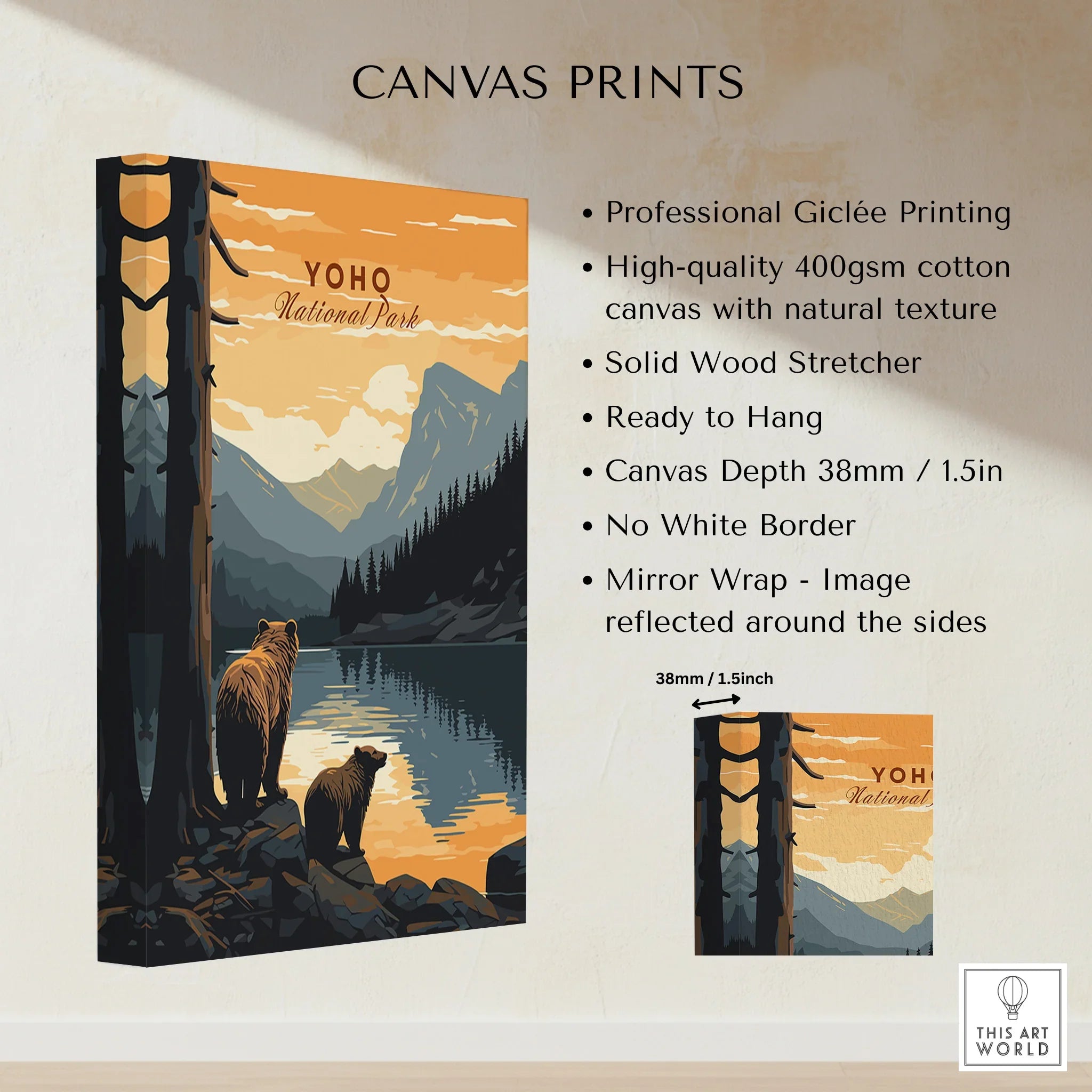 Yoho National Park canvas print with bears, mountains and lake, giclée cotton wall art