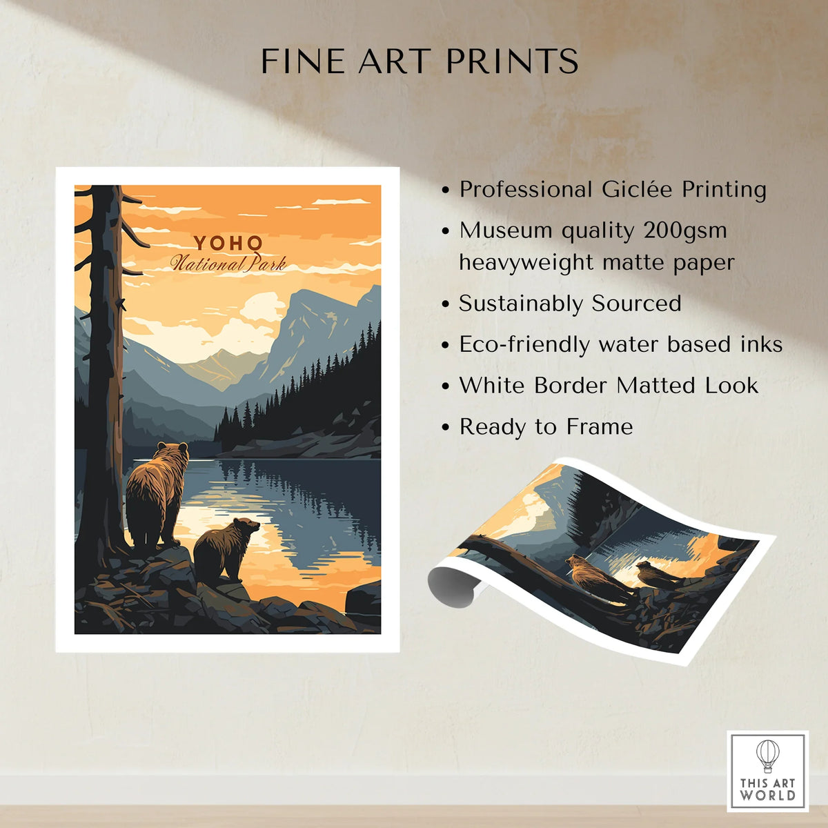 Yoho National Park art print with bears by a mountain lake at sunset, unframed fine art poster