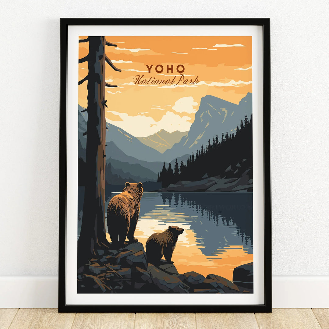 Yoho National Park bear art print in black frame, scenic landscape wall decor