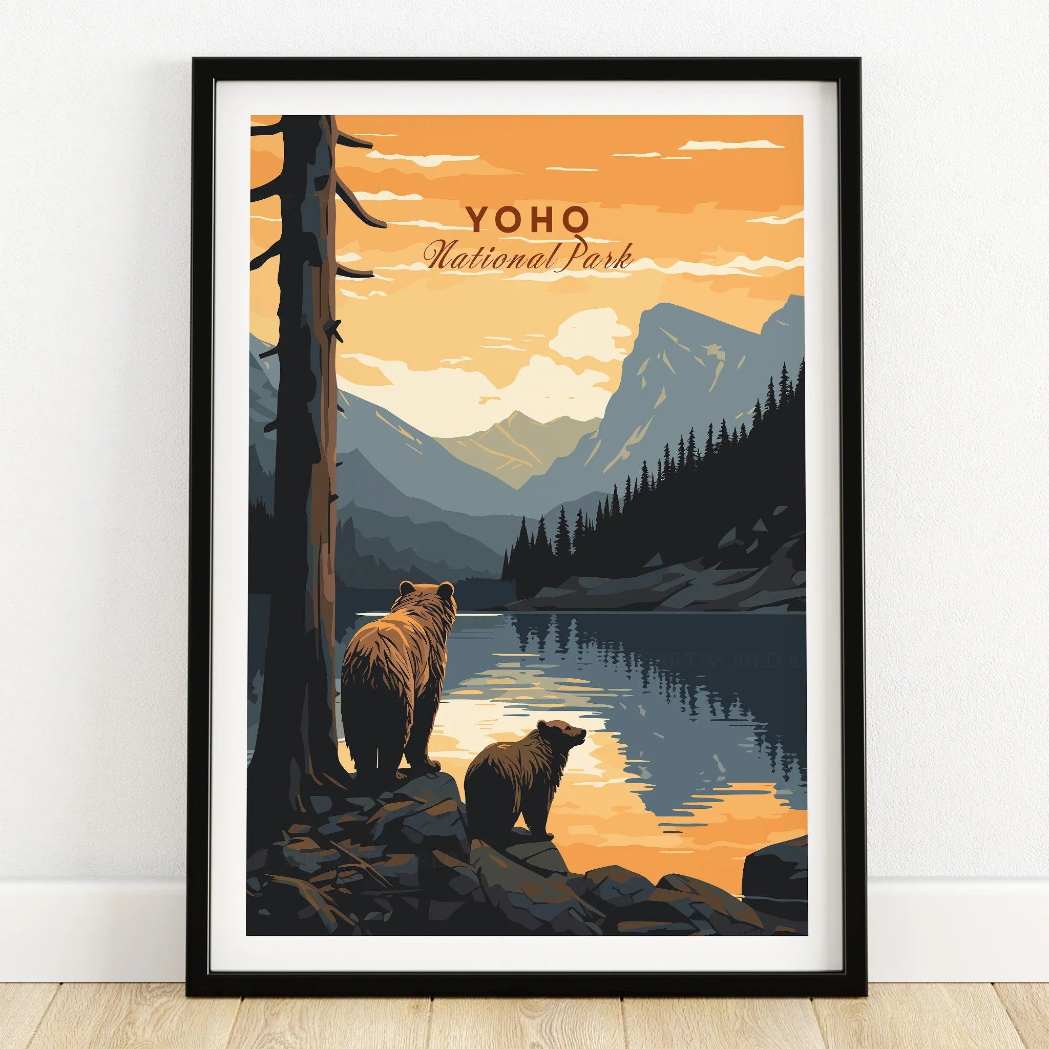 Yoho National Park bear art print in black frame, scenic landscape wall decor
