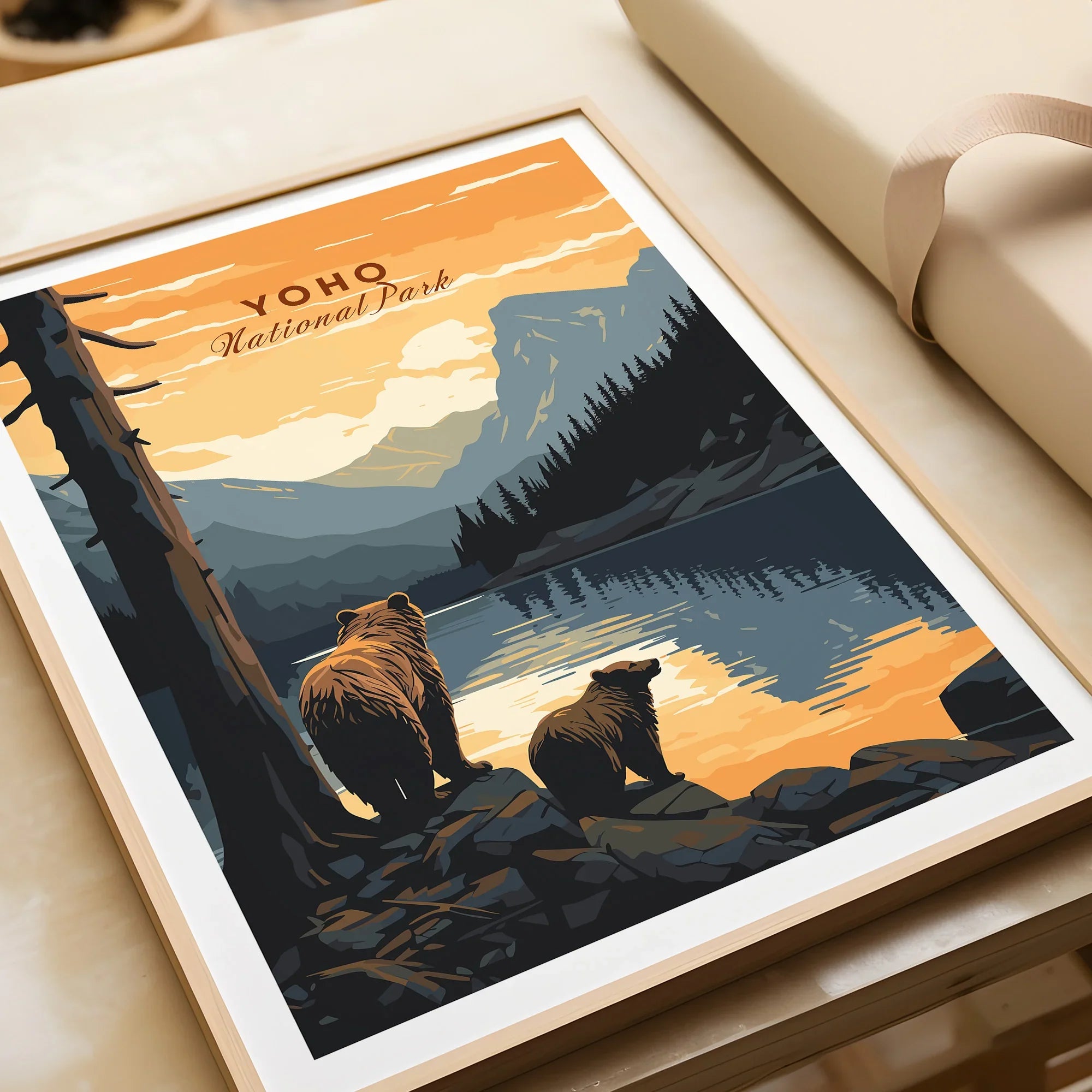 Yoho National Park art print with bears near a lake at sunset in a natural wood frame
