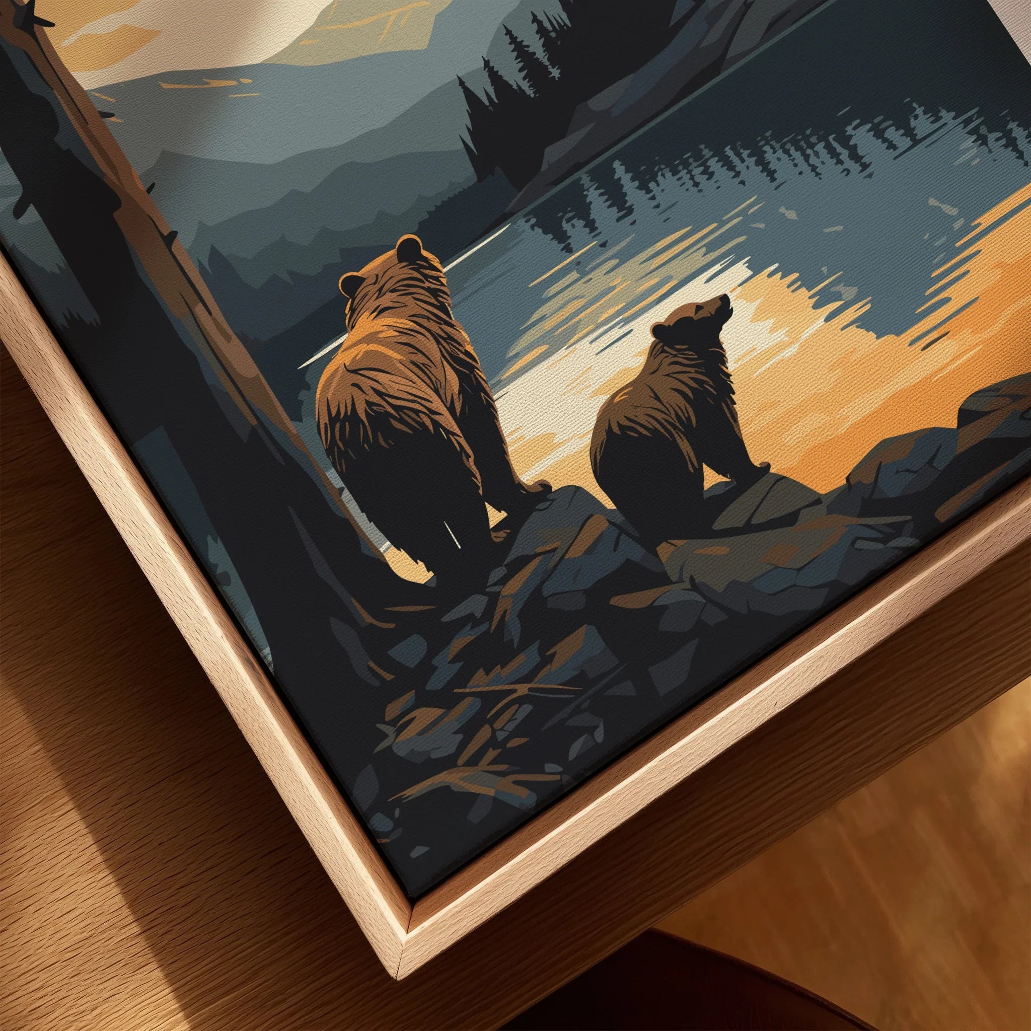 Yoho National Park art print with two bears by a lake at sunset in a natural wood frame