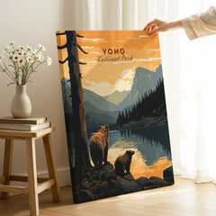 Yoho National Park travel poster print with bears by a lake in a cozy home setting