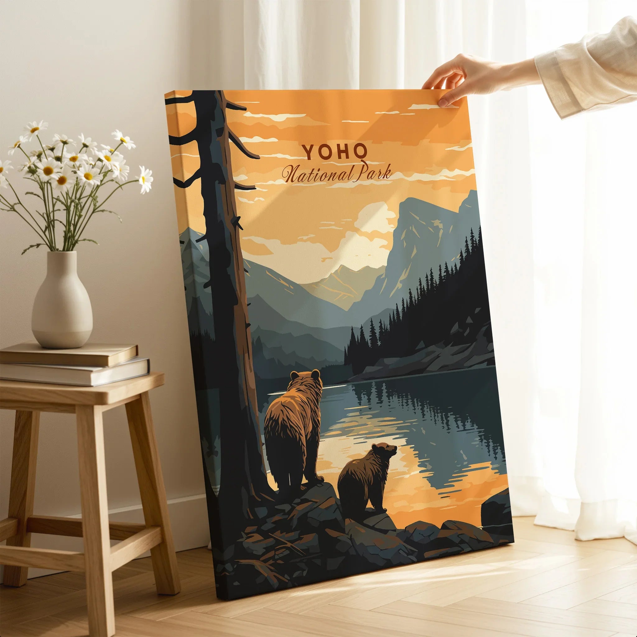 Yoho National Park travel poster print with bears by a lake in a cozy home setting