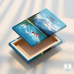 Yoho National Park art print box with mountain lake and canoe illustration