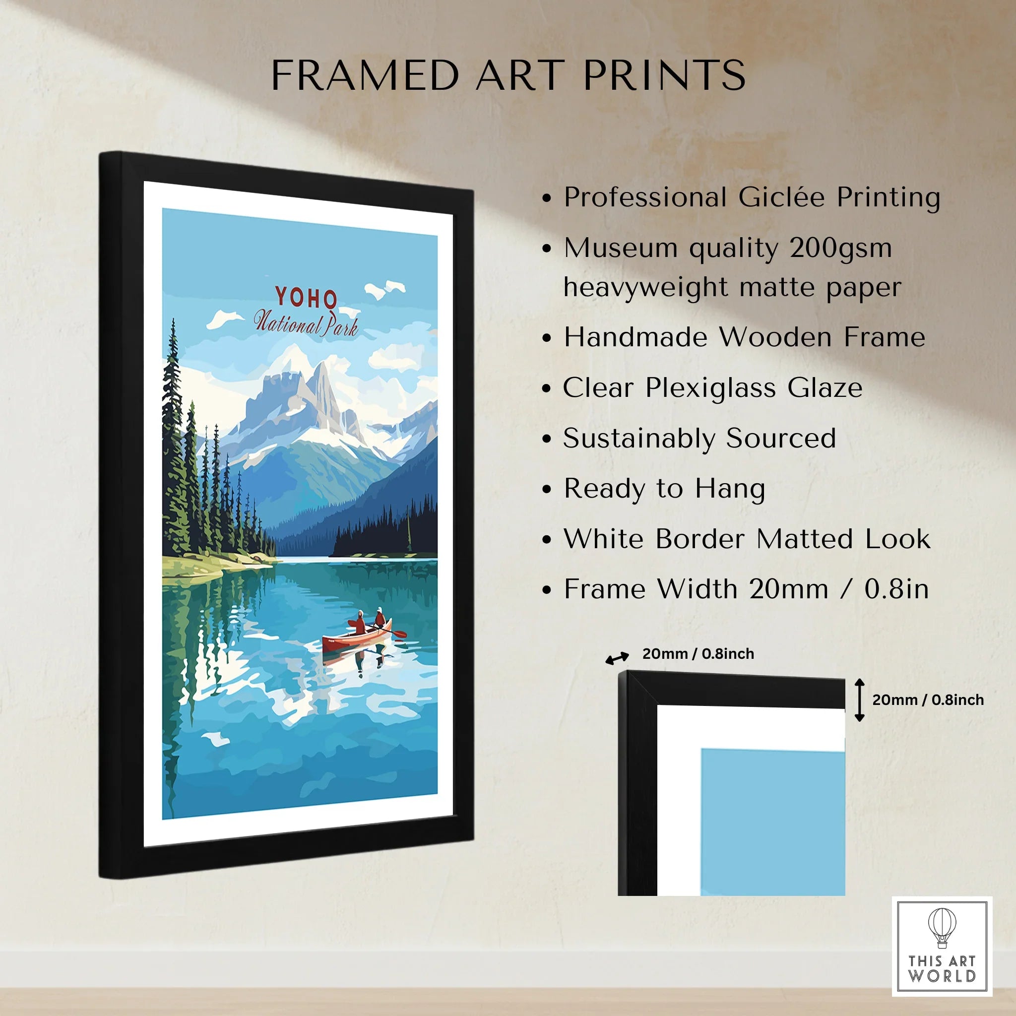 Framed Yoho National Park wall art print with measurement details and matte paper highlights