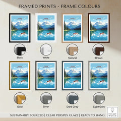 Yoho National Park art print with mountain lake and canoe, shown in eight frame color options.