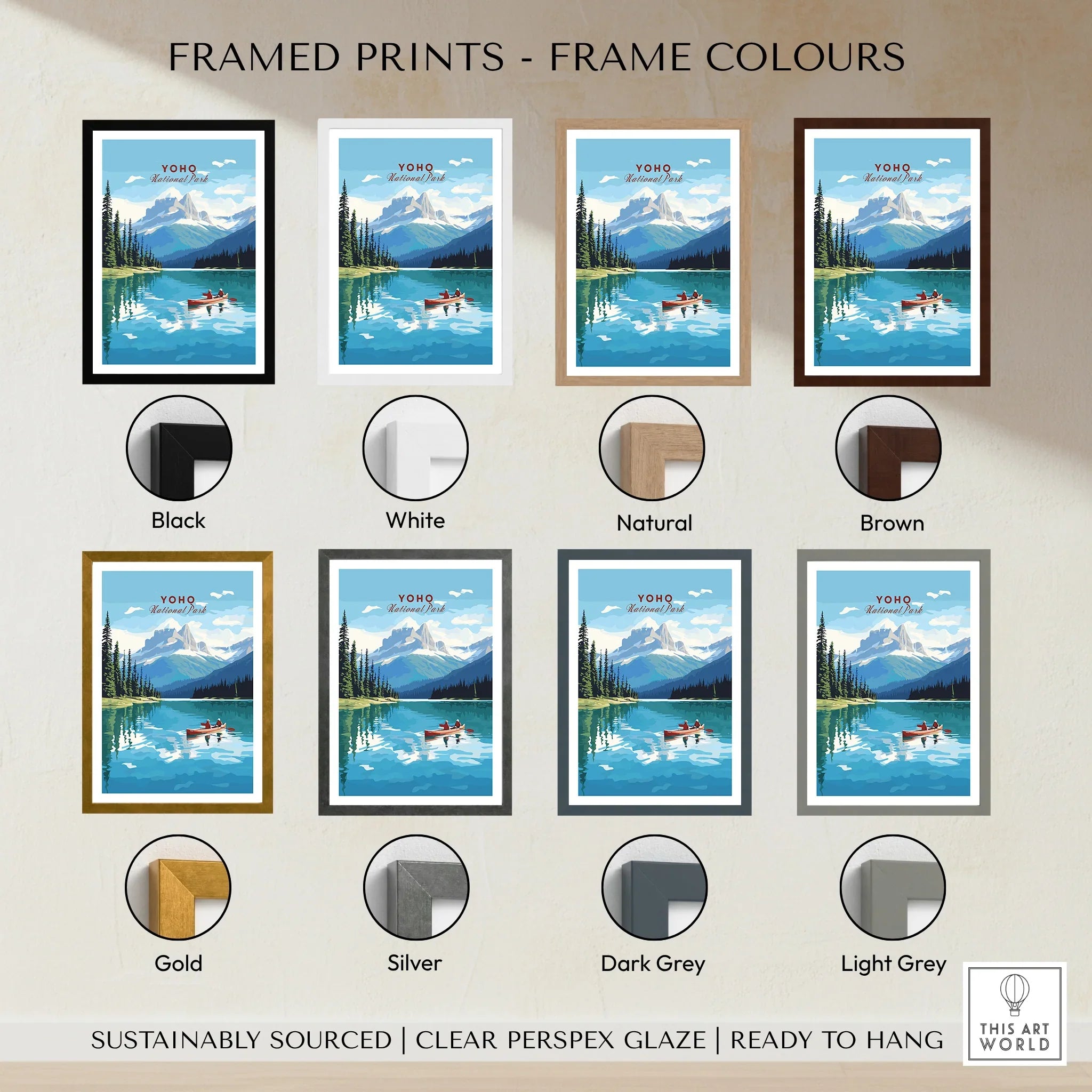 Yoho National Park art print with mountain lake and canoe, shown in eight frame color options.