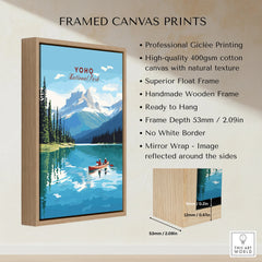 Yoho National Park framed canvas print with mountain, lake, and canoe, float frame details.