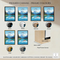 Yoho National Park art print on lake with mountains, six frame color options, canvas details