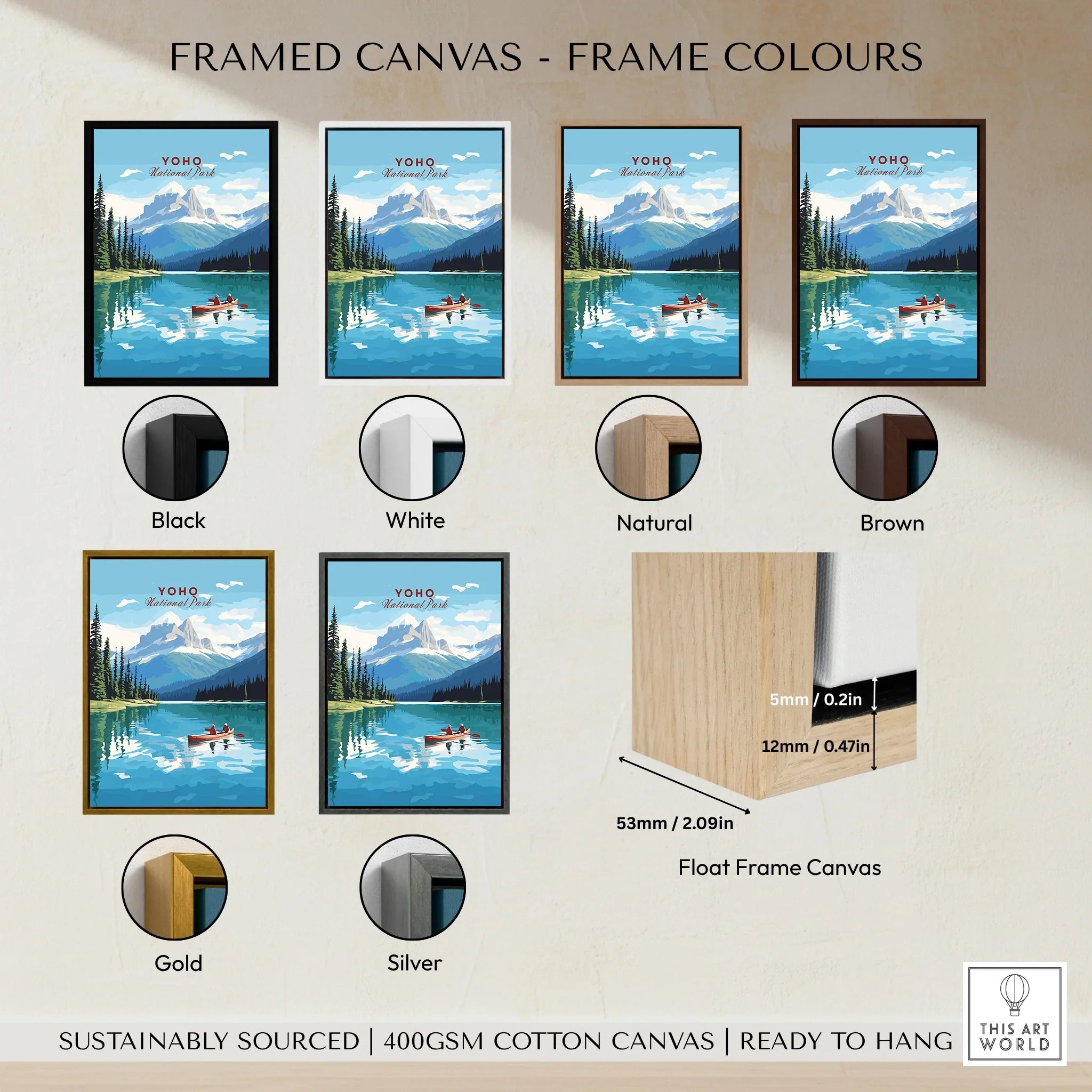 Yoho National Park art print on lake with mountains, six frame color options, canvas details
