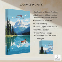 Yoho National Park canvas print with mountain lake, pine trees, and canoe on wall art display