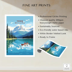 Yoho National Park fine art print with lake, mountains, canoe, and pine trees, unframed.