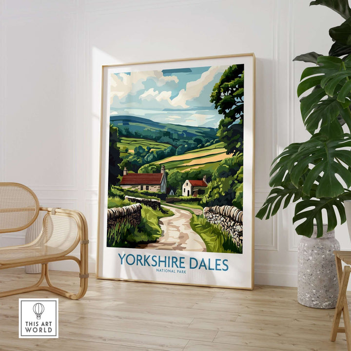 Yorkshire Dales National Park art print featuring vibrant landscapes and rustic charm in a stylish interior setting.