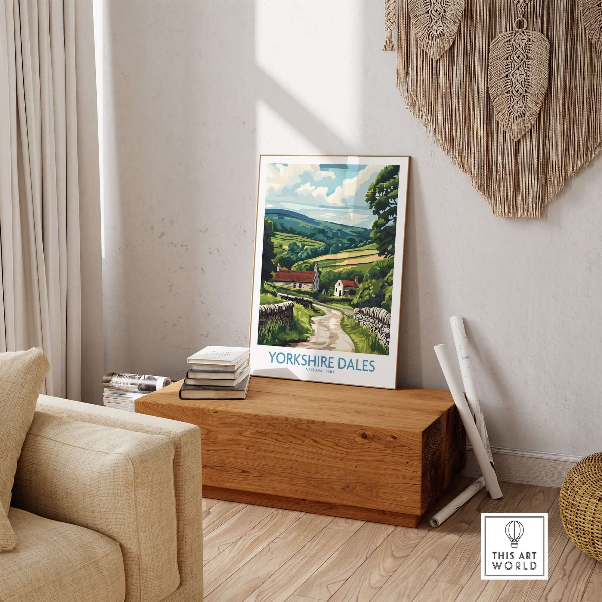 Yorkshire Dales National Park Art Print displayed on a wooden table in a cozy interior setting.