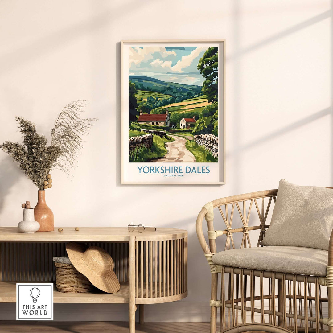 Yorkshire Dales National Park art print displayed in a stylish living room setting, showcasing vibrant landscapes and serene colors.