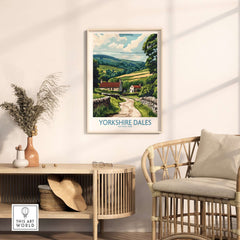 Yorkshire Dales National Park Art Print displayed in a stylish living room, showcasing its vibrant colors and tranquil landscape.