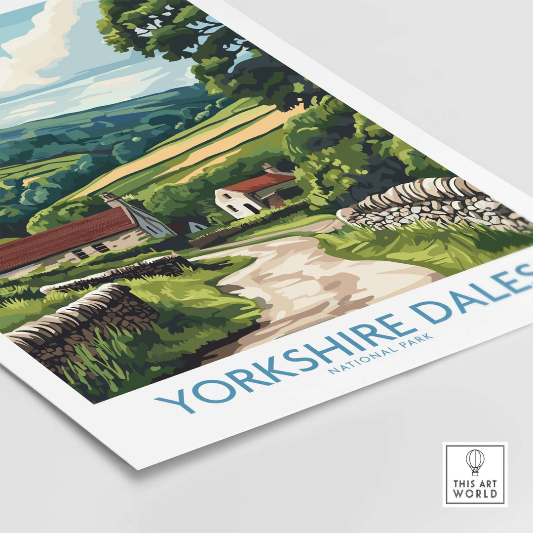 Vibrant Yorkshire Dales National Park art print showcasing lush landscapes and charming countryside cottages.