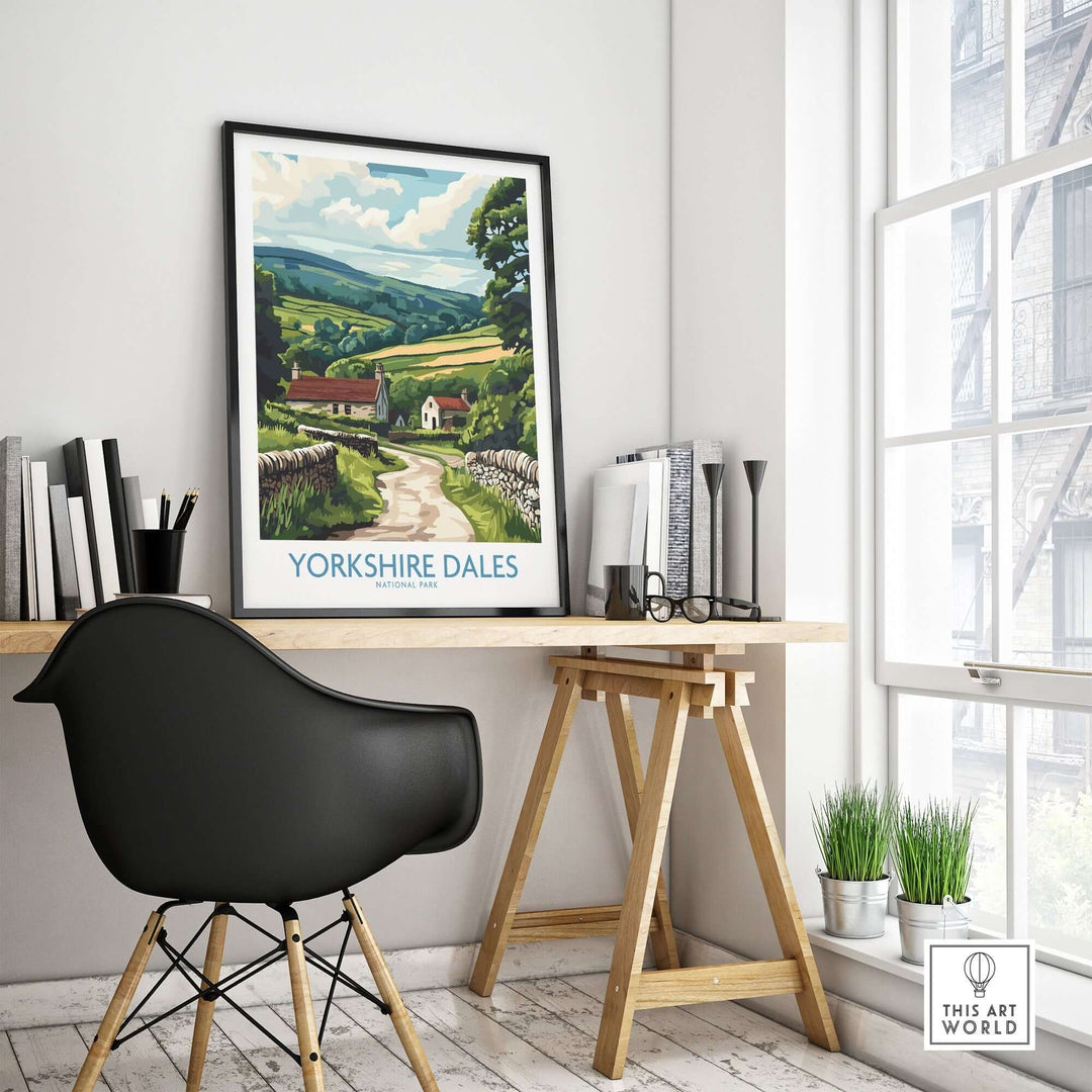 Yorkshire Dales National Park art print displayed in a modern workspace with a stylish chair and natural light.