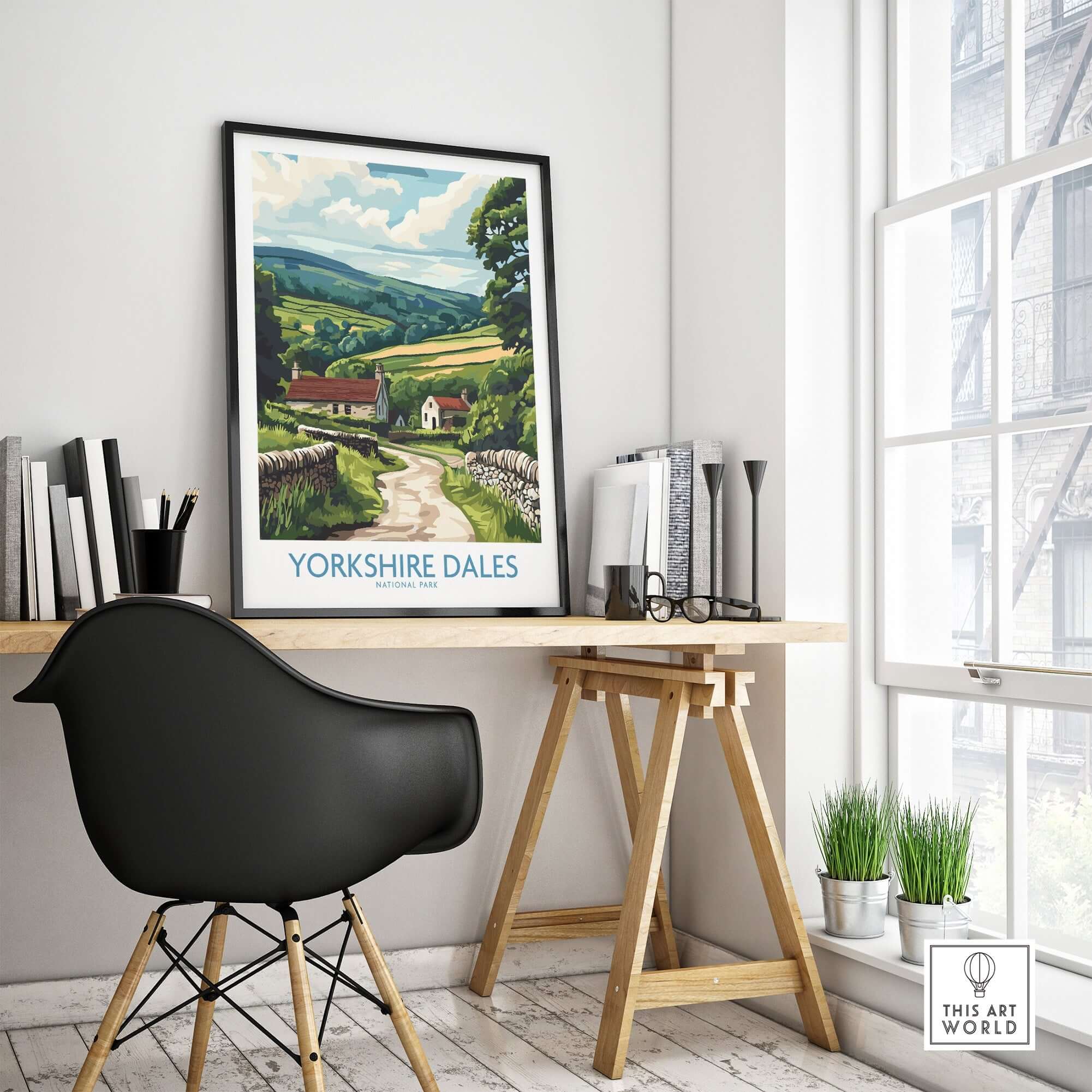 Stunning Yorkshire Dales National Park Art Print displayed in a modern workspace, showcasing vibrant colors and tranquil landscapes.