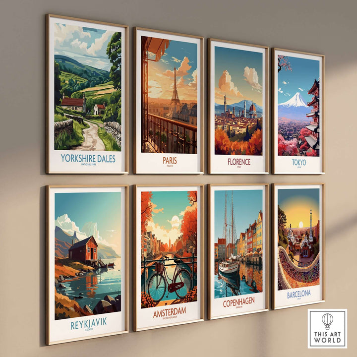 Collection of vintage travel art prints featuring landscapes from Yorkshire Dales, Paris, Florence, Tokyo, Reykjavik, Amsterdam, Copenhagen, and Barcelona.