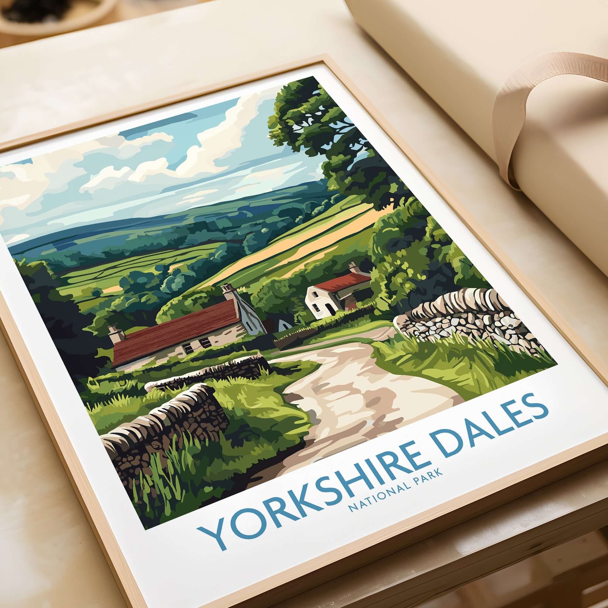 Yorkshire Dales National Park Art Print showcasing picturesque landscapes and vibrant colors in a framed artwork.