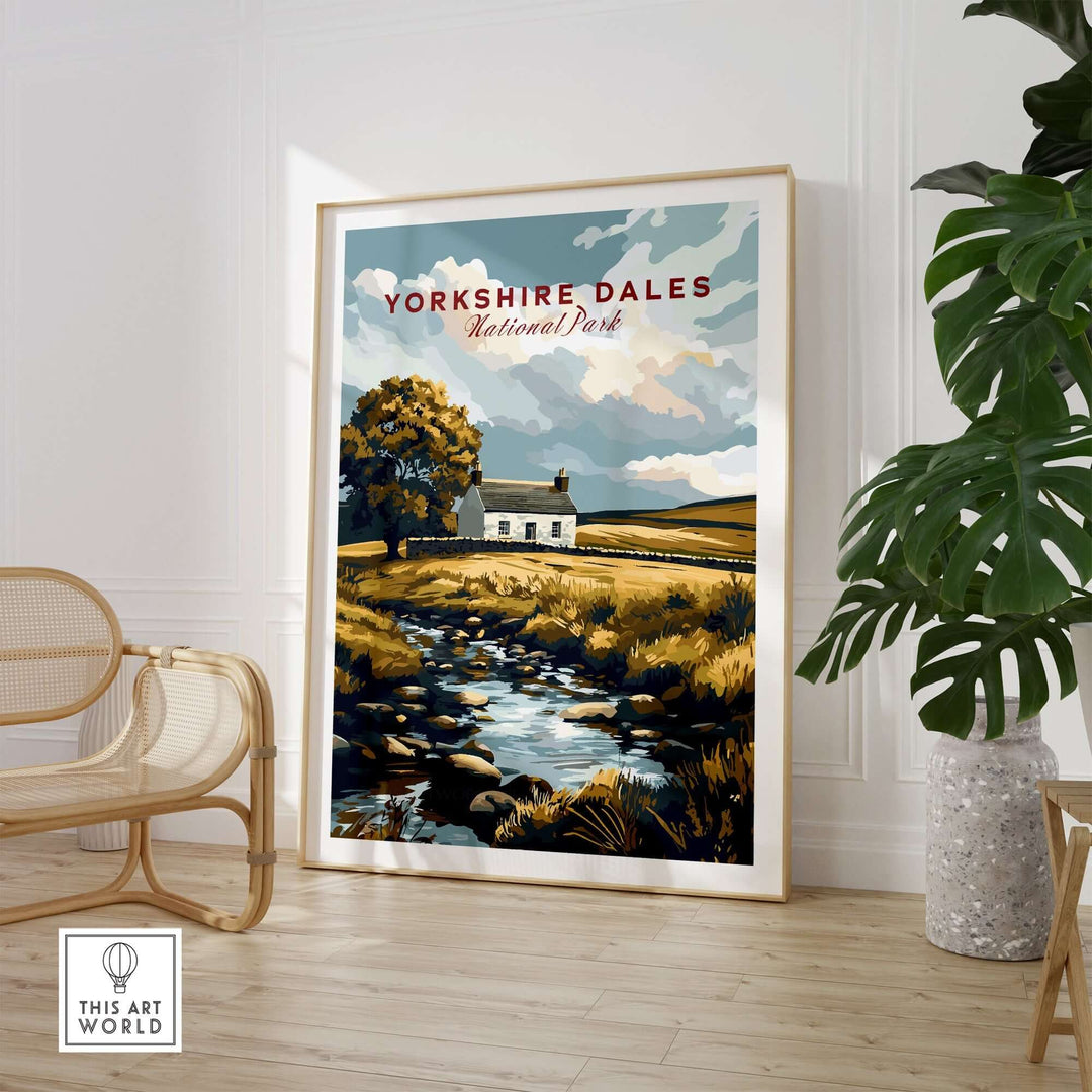 Yorkshire Dales National Park poster featuring a serene landscape with a stream and cottage in a modern home setting.