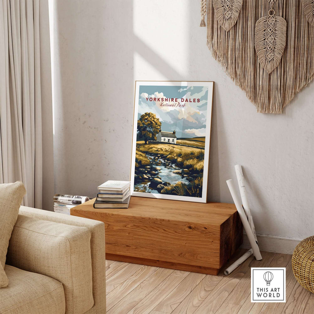 Yorkshire Dales National Park poster displayed in a cozy living room, highlighting the beauty of the English countryside.