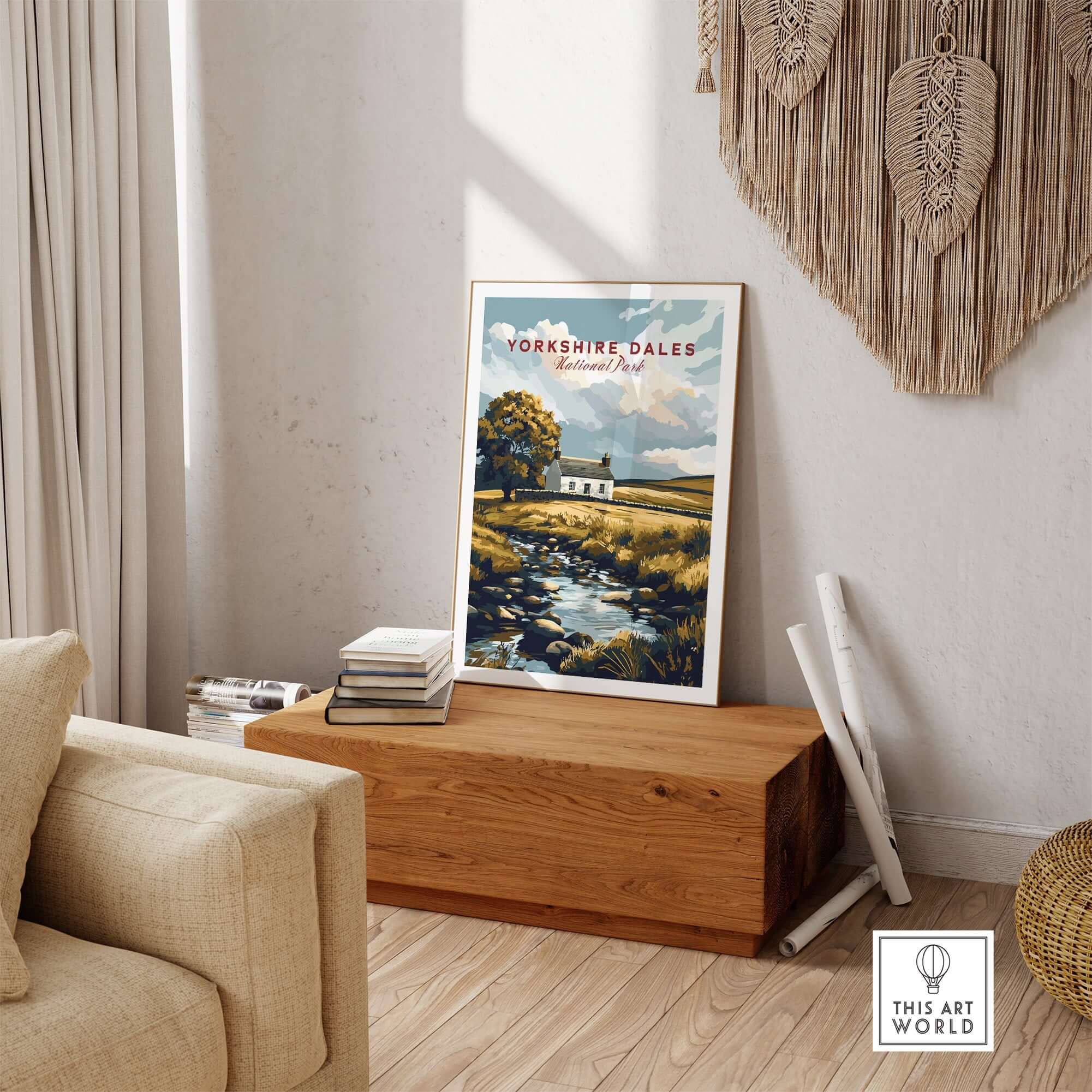 Yorkshire Dales National Park England Poster displayed in a cozy living room with a natural theme.