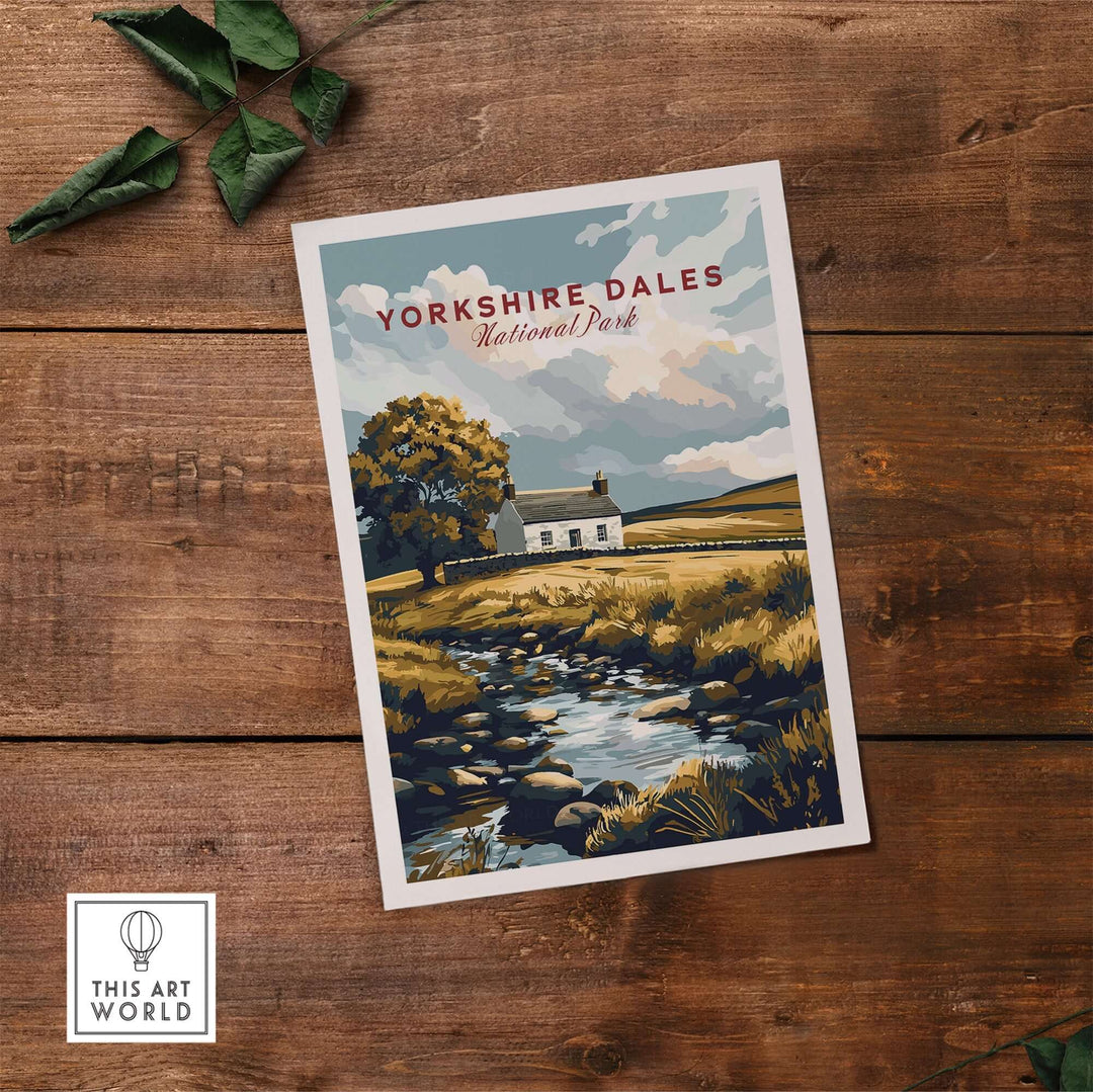 Yorkshire Dales National Park poster featuring a scenic view of a farmhouse by a stream on a wooden background.