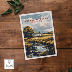 Yorkshire Dales National Park England Poster featuring a countryside scene with a stream and a cottage.