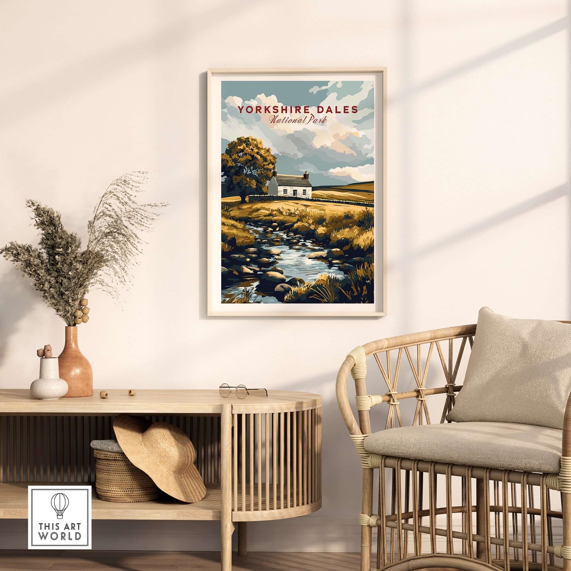 Yorkshire Dales National Park England Poster displayed in a stylish home setting with natural decor.