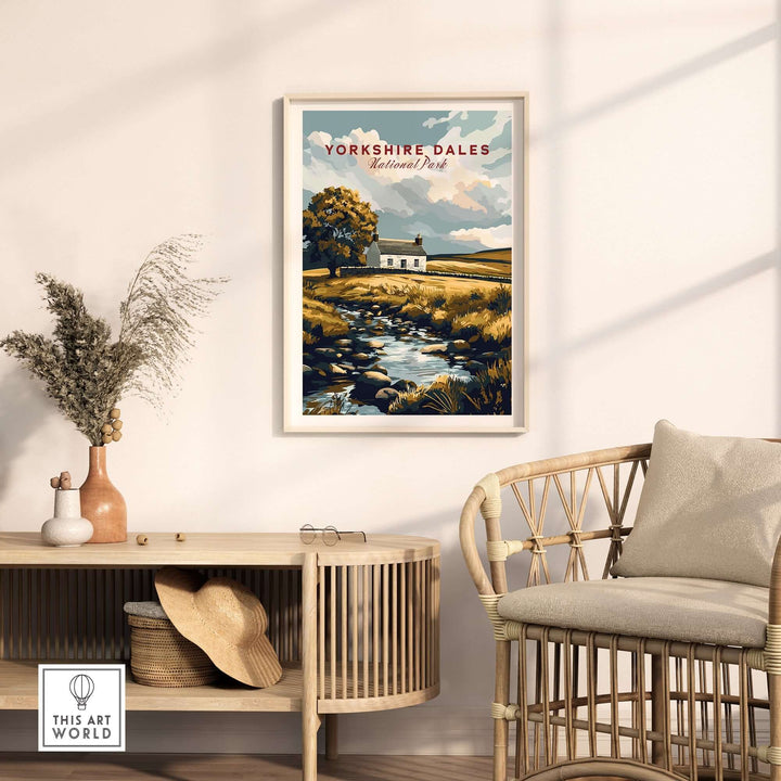 Yorkshire Dales National Park poster displayed in a modern living room with a cozy chair and decorative elements.