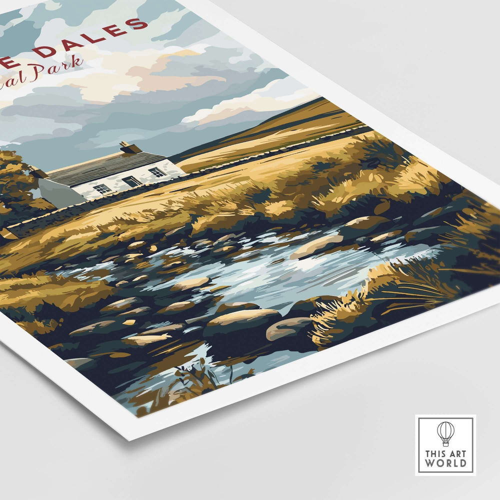 Yorkshire Dales National Park poster featuring a serene landscape with a river and a rural cottage. Perfect for nature lovers.