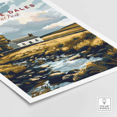 Yorkshire Dales National Park England Poster featuring a scenic landscape with a river and a cottage.