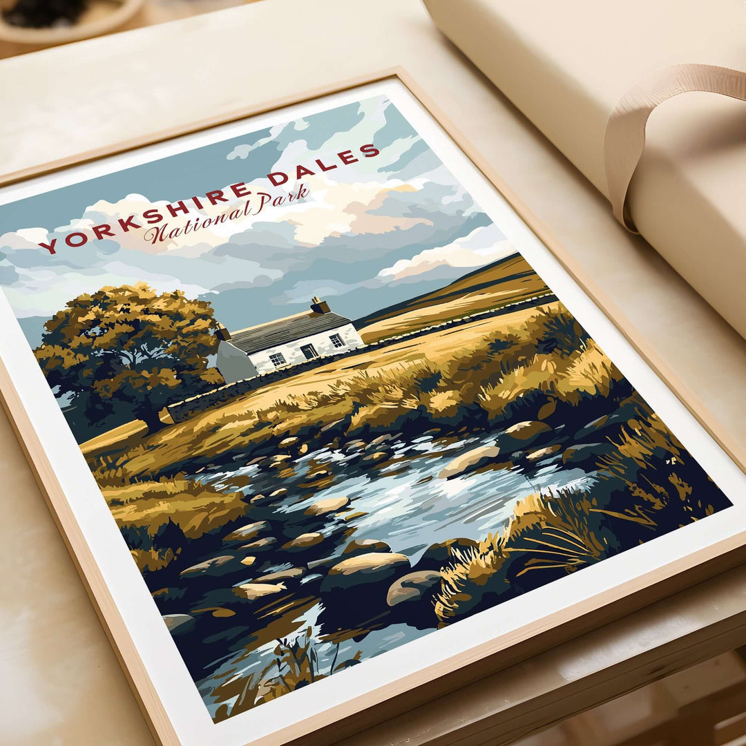 Yorkshire Dales National Park poster featuring a scenic landscape with a stream and countryside charm. Perfect for nature lovers.