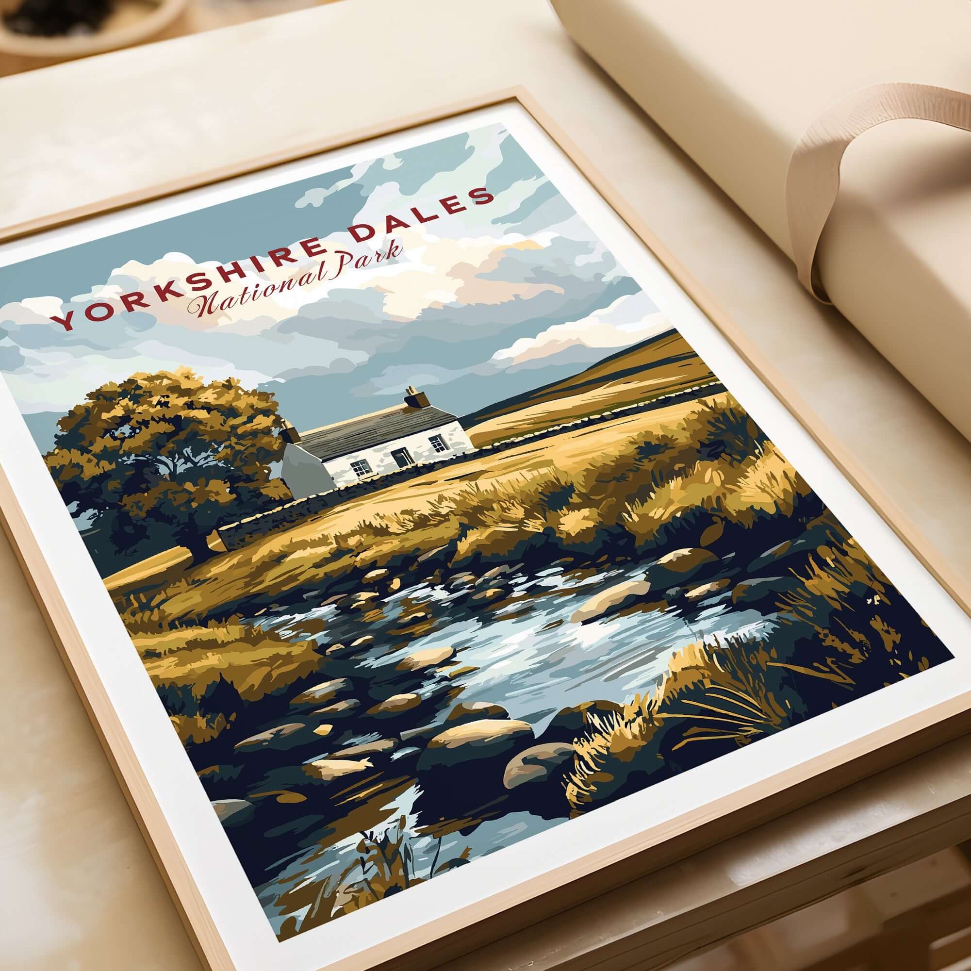Yorkshire Dales National Park England Poster featuring a scenic landscape with a stream and countryside.