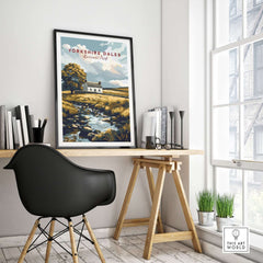 Yorkshire Dales National Park England Poster displayed in a stylish home office setting, showcasing scenic beauty.