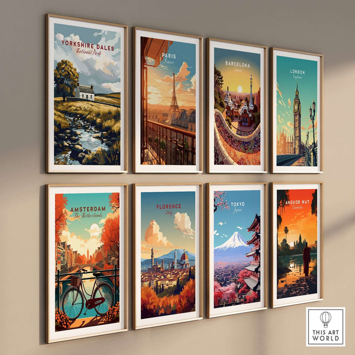 Collection of vintage travel posters featuring Yorkshire Dales, Paris, Barcelona, London, Amsterdam, Florence, Tokyo, and Angkor Wat.