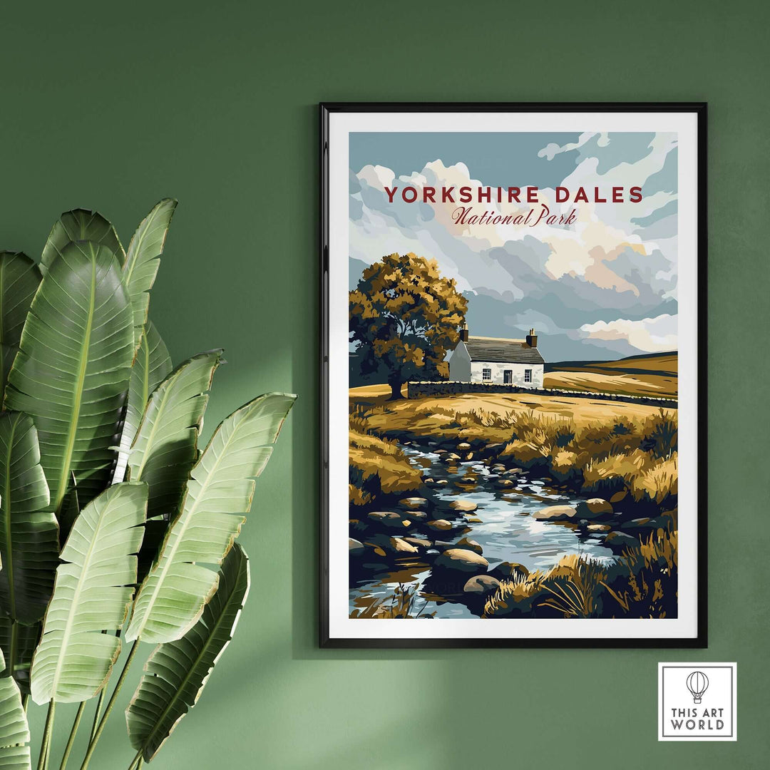 Yorkshire Dales National Park poster showcasing serene landscapes and a cottage, enhancing home decor with nature's charm.