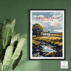 Yorkshire Dales National Park England Poster featuring scenic landscape with cottage and stream.