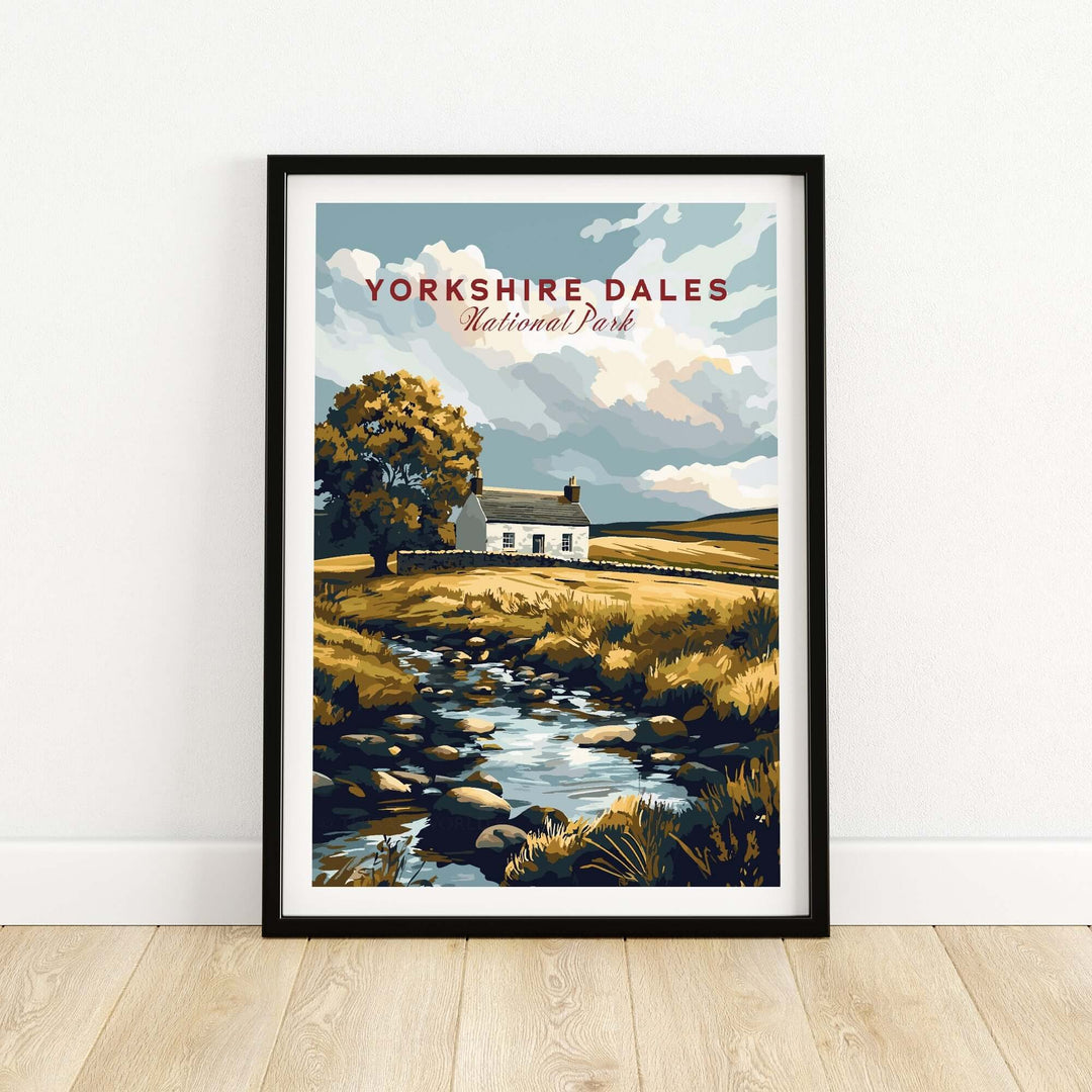 Yorkshire Dales National Park England poster featuring a scenic landscape with a stream and countryside cottage.