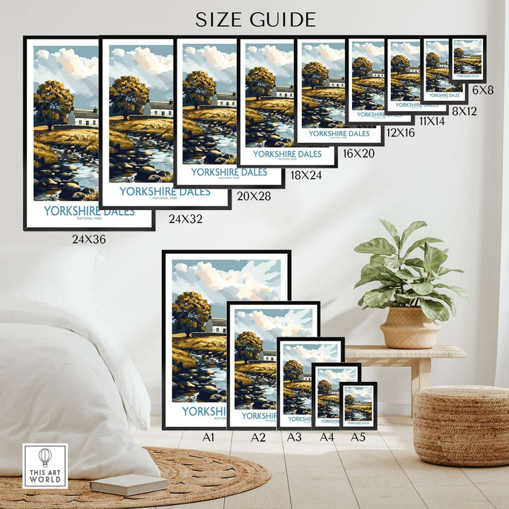 Size guide for Yorkshire Dales National Park print featuring various frame sizes displayed in a stylish room setting.