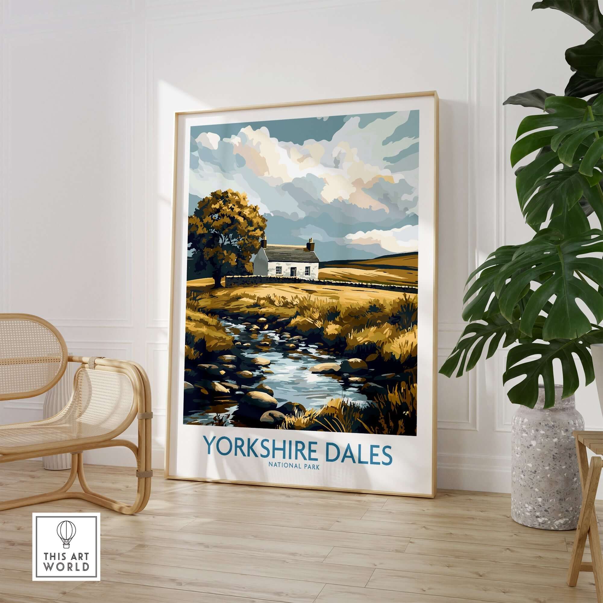 Yorkshire Dales National Park England Print showcasing a scenic stone cottage and tranquil river in a beautiful landscape.