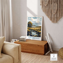 Yorkshire Dales National Park England Print displayed in a cozy living room with stone cottage and countryside scenery.