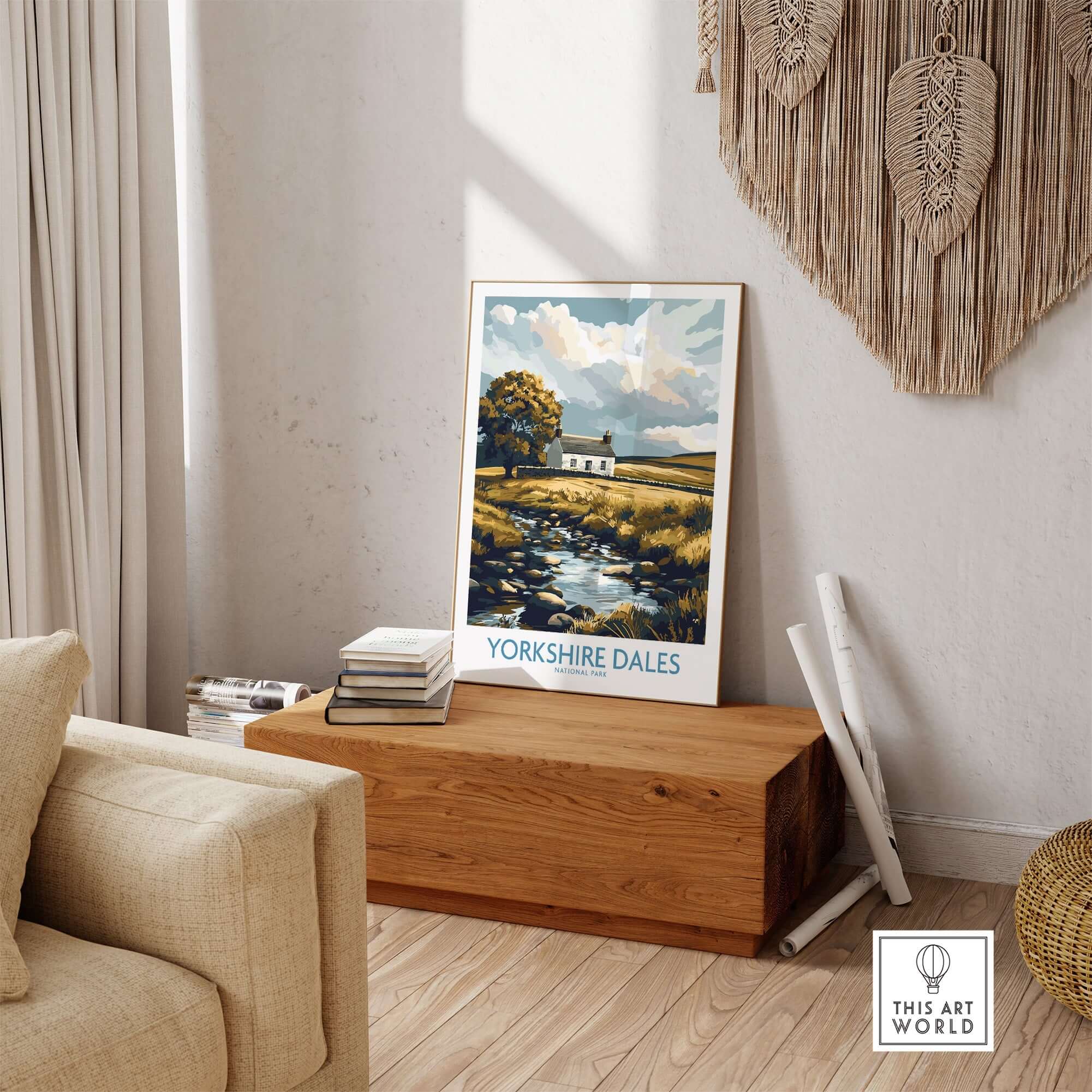 Yorkshire Dales National Park England Print displayed in a cozy living room with stone cottage and countryside scenery.