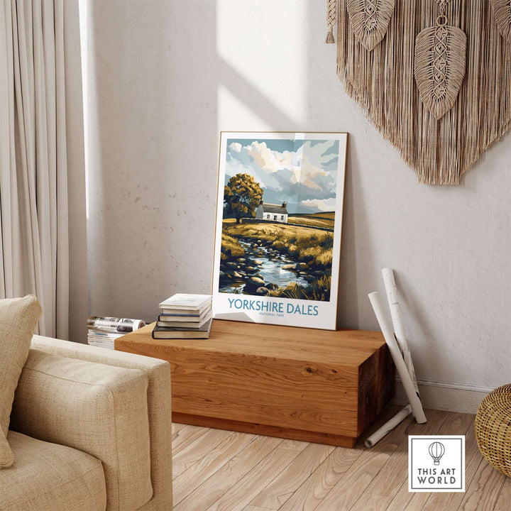 Yorkshire Dales National Park print featuring a stone cottage and picturesque landscape in a home setting.