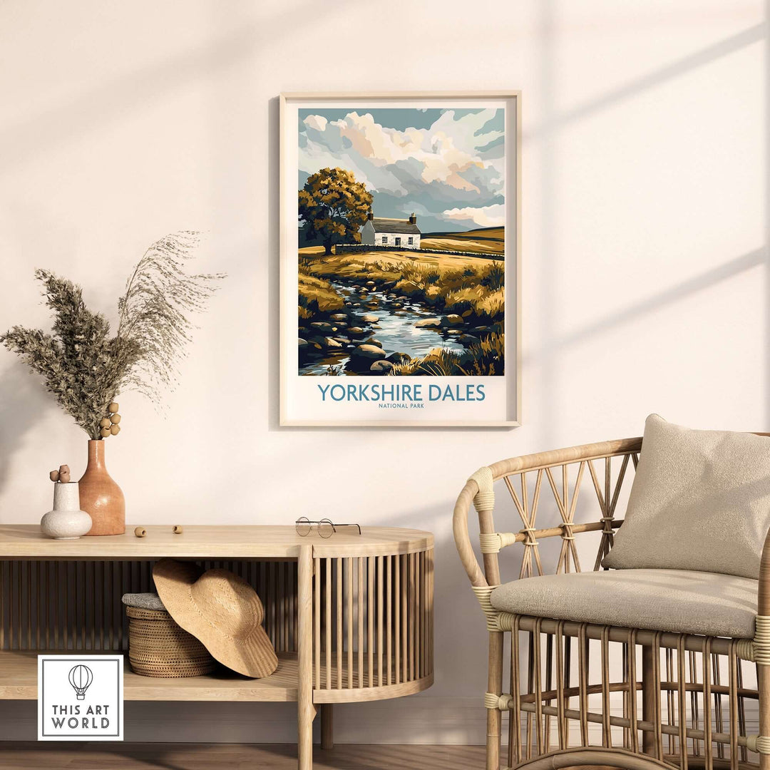 Yorkshire Dales National Park print featuring a cottage and stream, enhancing home decor with English countryside charm.