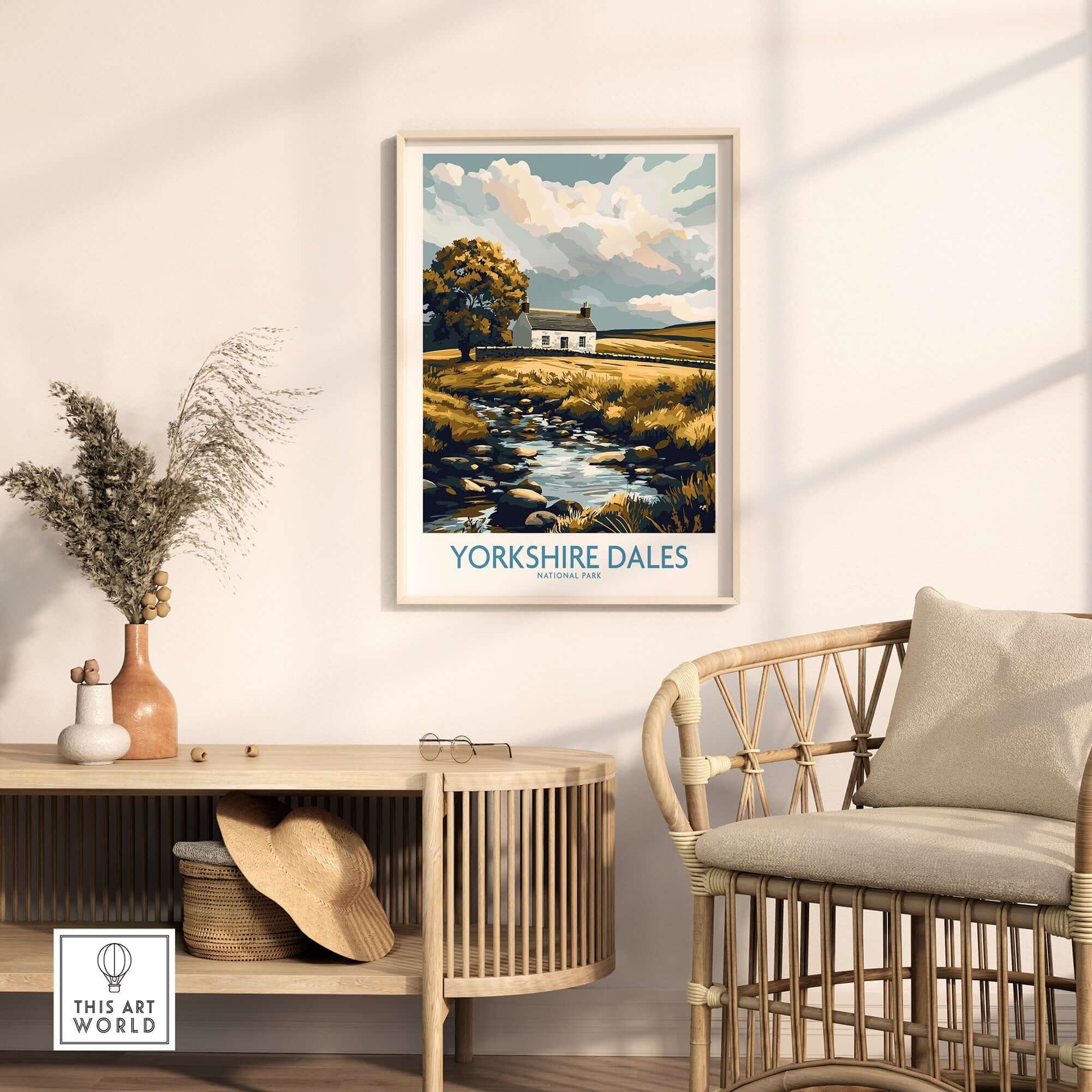 Yorkshire Dales National Park England Print showcasing a serene landscape with a stone cottage.
